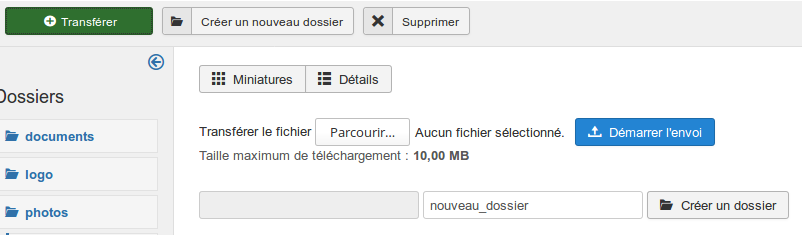 Boutons Transférer et Créer nouveau dossier